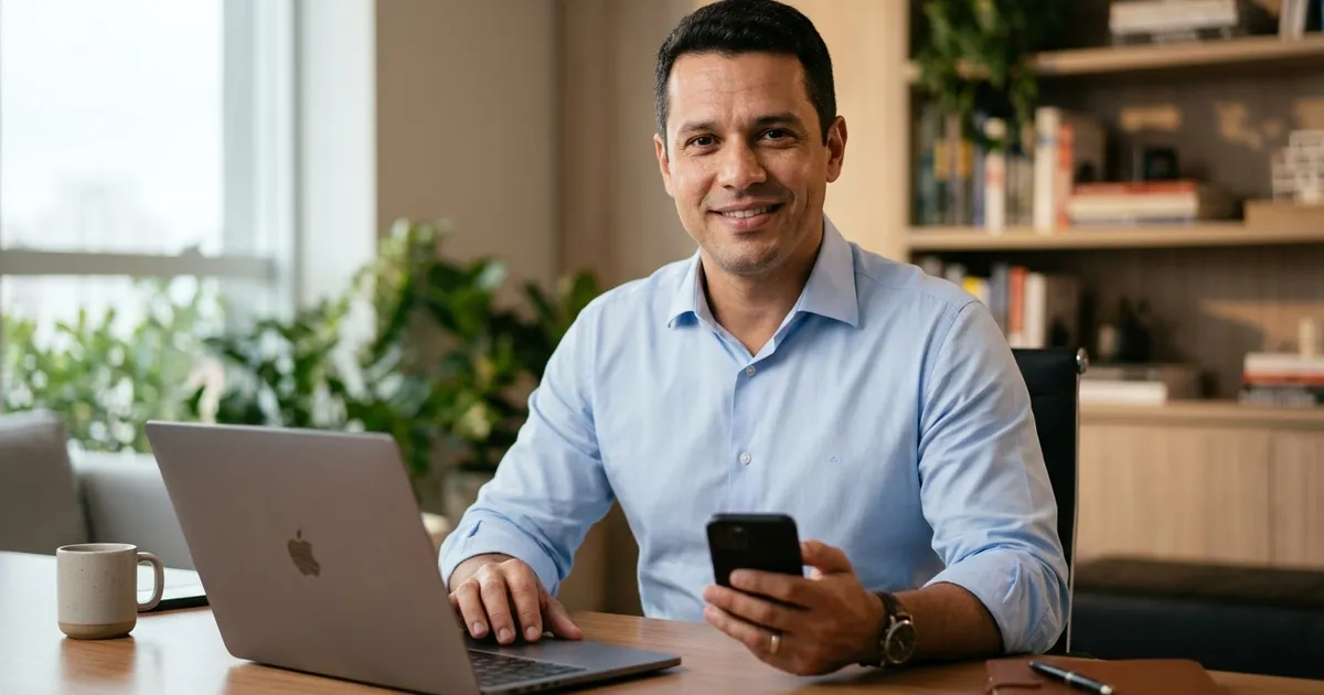 Empresário sentado no escritório em Curitiba segurando celular com MacBook na mesa