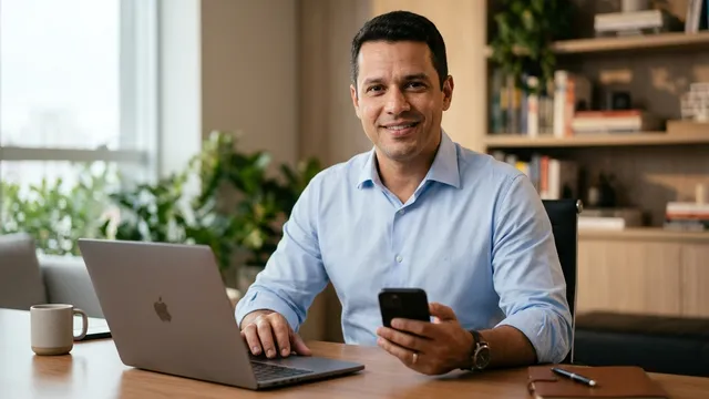 Empresário sentado no escritório em Curitiba segurando celular com MacBook na mesa