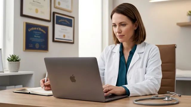 Médica sentada no consultório em São José dos Pinhais pesquisando no MacBook