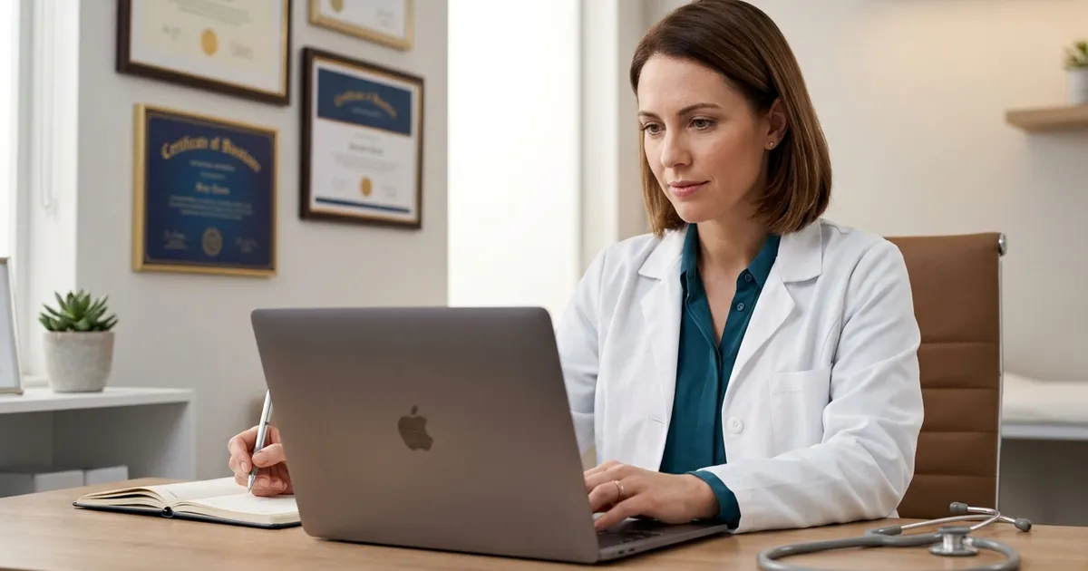 Médica sentada no consultório em São José dos Pinhais pesquisando no MacBook