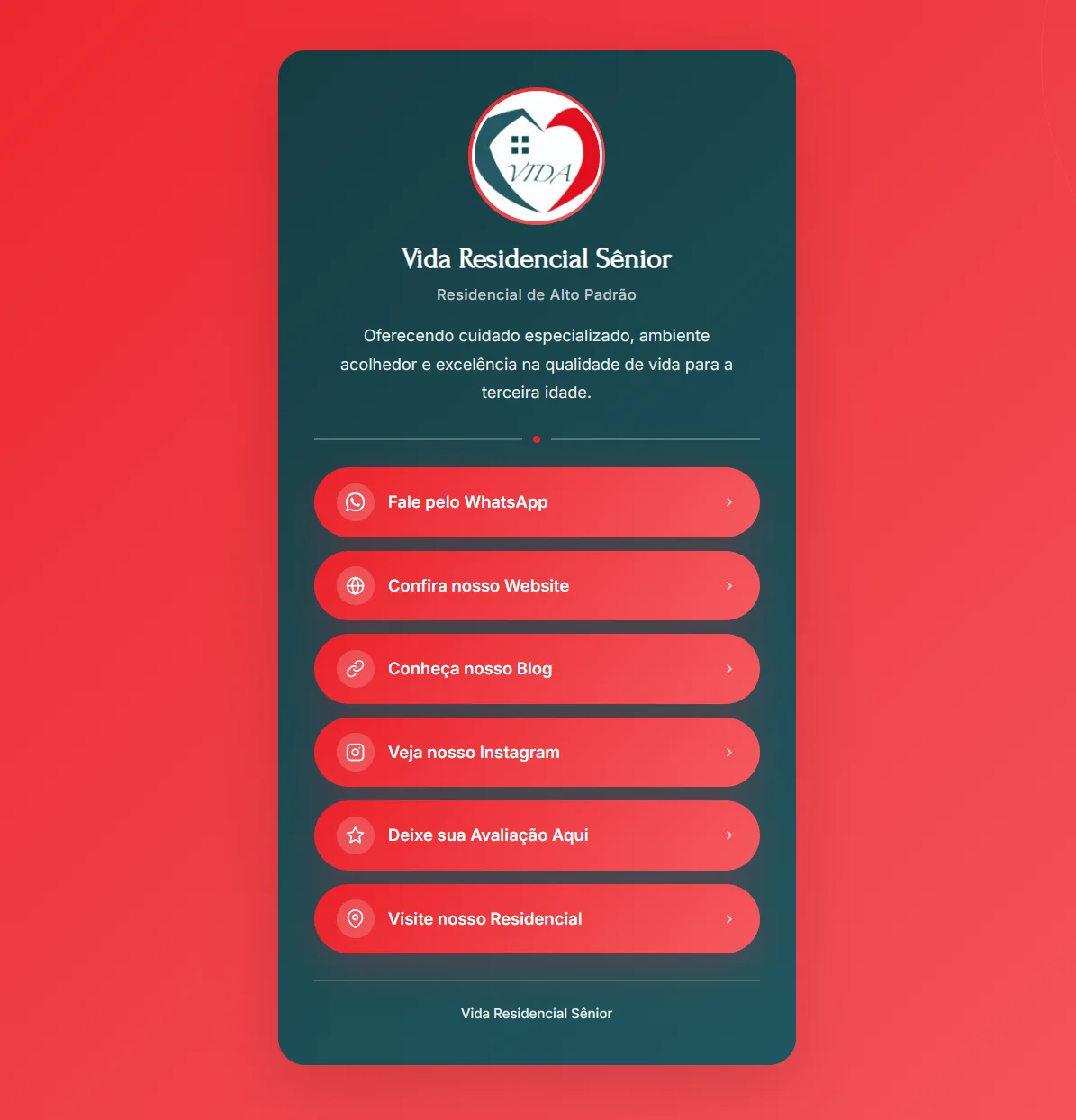 Site profissional criado pela Agência SEO Digital para Cartão Digital Vida Residencial Sênior — Cuidados para Idosos em São José dos Pinhais